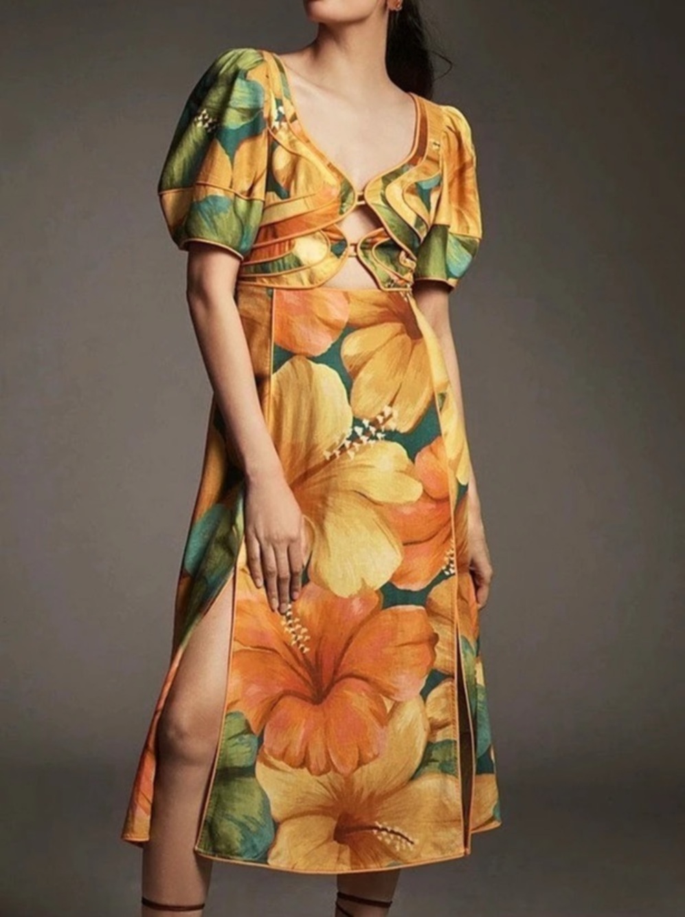 Farm Rio Printed Linen Blend Cutout Midi Dress (Tropical Cocktail) Orange & - Picture 5 of 7